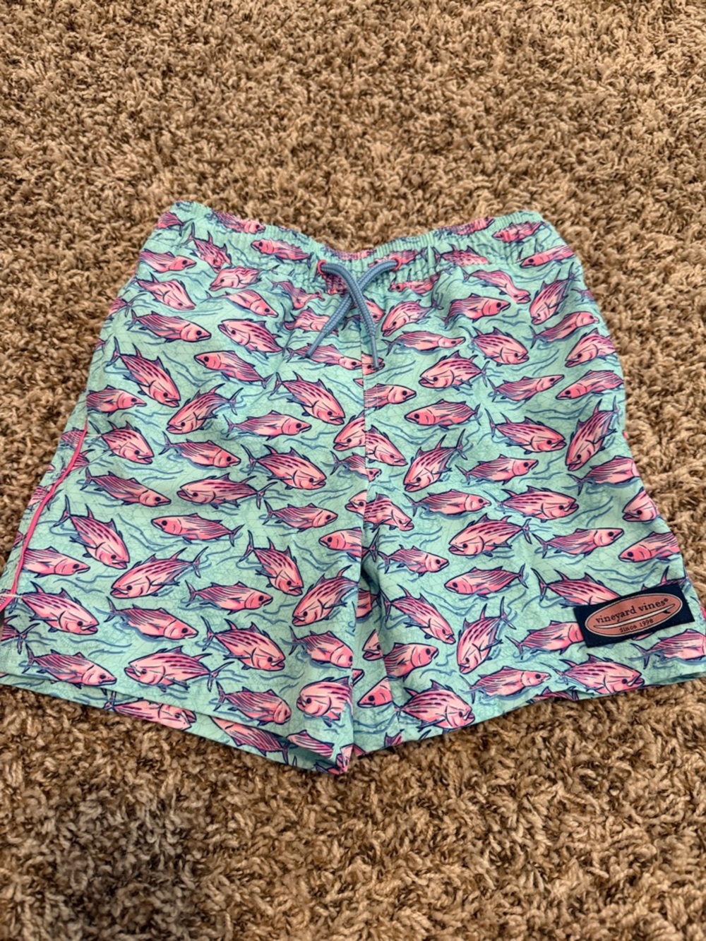 Vineyard Vines Boys Mint Green Swim Trunks with Pink Fish Print